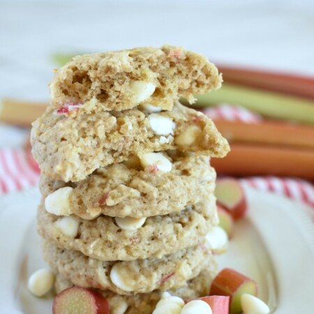 a stack of oatmeal cookies made with rhubarb