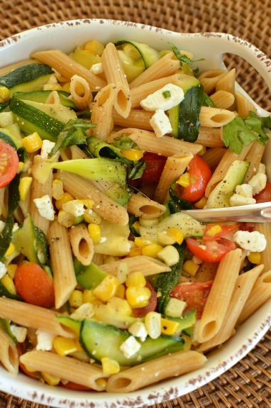 Whole wheat pasta with summer veggies and feta!