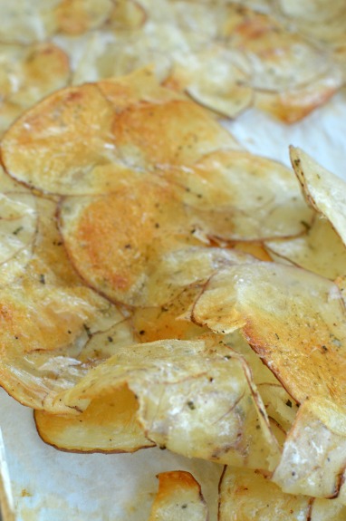 Baked rosemary potato chips. Almost like 5 Guys rosemary fries!