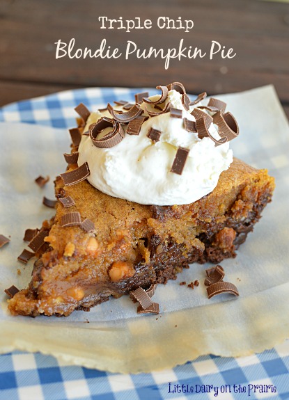 a wedge of pumpkin pie with chocolate chips and whipped cream with chocolate curls