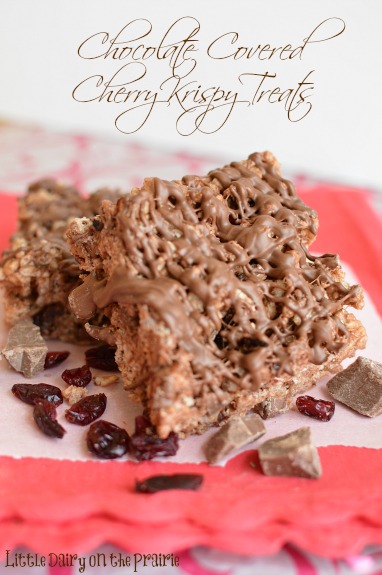 Krispy treats with chunks of chocolate and cherries! A hint of almond flavoring too! - Little Dairy on the Prairie