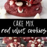 Two images of red velvet cookies with white chocolate chips.