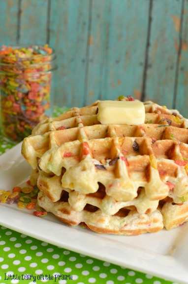 Fruity Pebbles Waffles! Love these with strawberry syrup! - Little Dairy on the Prairie