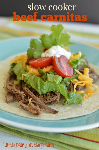 Slow Cooker Beef Carnitas are quick to make. My family loves using the leftover meat for nachos, quesadillas, etc later!  Little Dairy on the Prairie