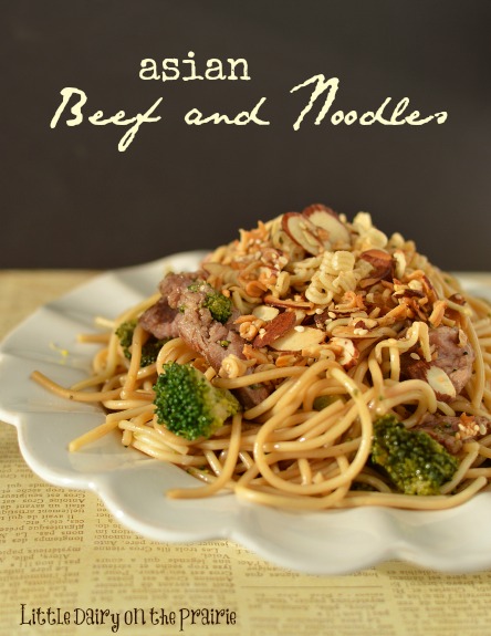 Asian Beef and Noodles is a simple meal. Toasted sesame seeds and almonds on top are my favorite part! Little Dairy on the Prairie