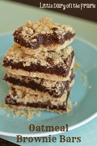 Extra decadent brownies sandwiched between oatmeal cookie crust! Little Dairy on the Prairie