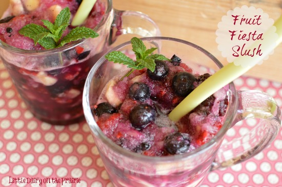 Fruit fiesta slush is my husbands very favorite summer drink! I think he could skip dinner entirely and just have this. I can go along with that, after all, it's fruit!  Little Dairy on the Prairie
