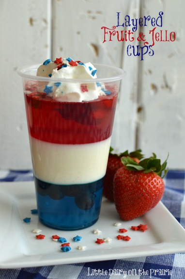 Layered Jello and Fruit. White layer is made with Greek yogurt!  Little Dairy on the Prairie