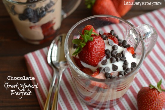 The chocolate yumminess in these Greek Yogurt Parfaits brings the kinds running! They love this stuff so much they don't even realize you are packing them full of good for you stuff!  Little Dairy on the Prairie