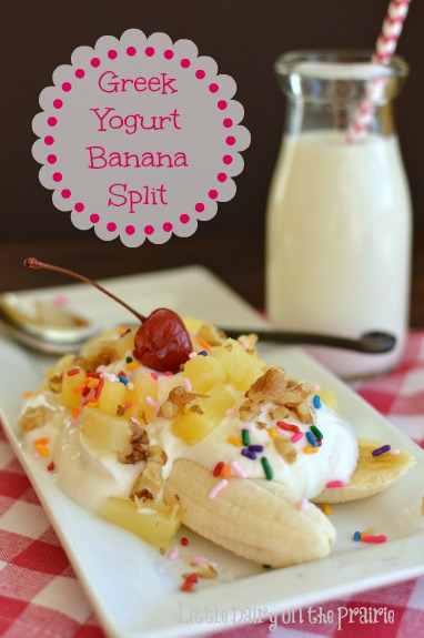 Kids go wild over Greek Yogurt Banana Splits and Mom's love how healthy they are!  Little Dairy on the Prairie