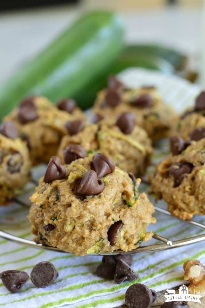 close up shot of chocolate chip zucchini cookies with zucchini in the background