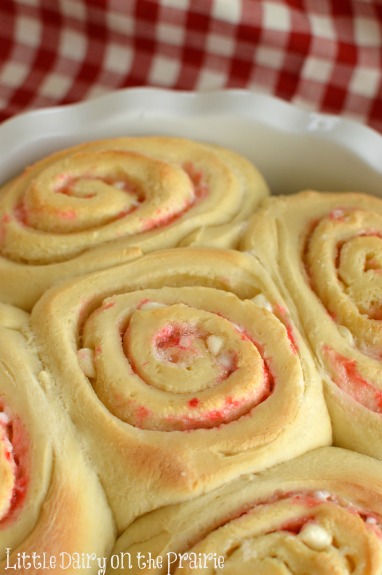 Candy Cane Sweet Rolls! Slather with cream cheese frosting, sprinkle with crushed candy canes! Oh my goodness! Little Dairy on the Prairie