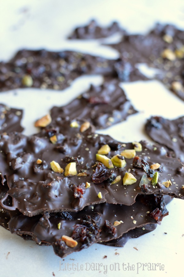Sea Salt, Cherries, and Pistachio Bark! I used dark chocolate and made is super thin so it should almost be good for you!  Little Dairy on the Prairie