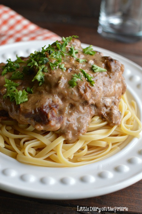 Slow Cooker Cube Steak. Talk about comfort food! Nothing says welcome home like the smell of fall apart beef in a mushroom sauce cooking in your slow cooker!  Little Dairy on the Prairie