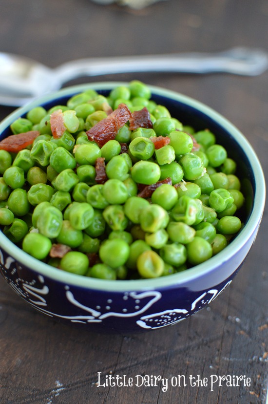 Buttery Garlic & Bacon Peas make an easy and extra flavorful side dish!  Little Dairy on the Prairie
