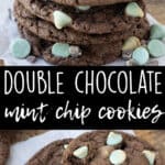 Two images of chocolate cookies filled with green mint chips.