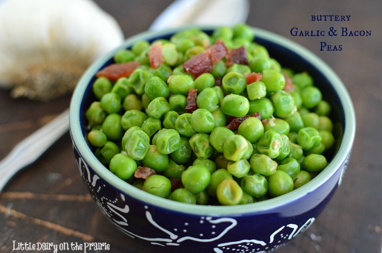 Garlic and bacon make these peas pop with flavor! A favorite side dish here on the farm!  Little Dairy on the Prairie