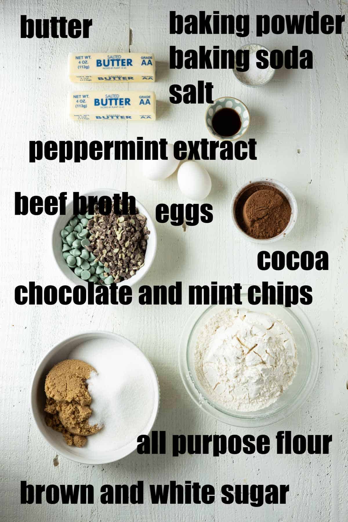 Ingredients needed to make chocolate mint cookies.