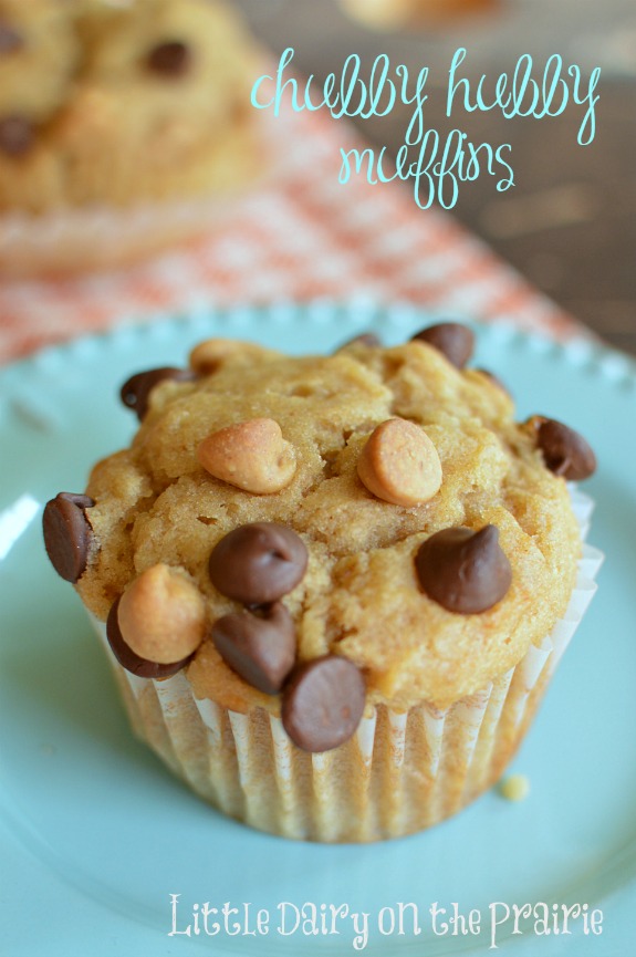 a peanut butter muffin with chocolate chips and peanut butter chips on top
