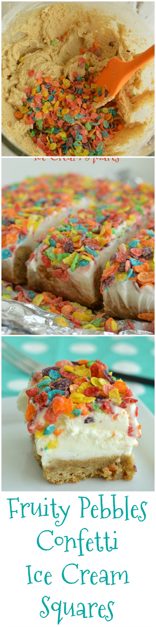 We eat ice cream almost every day in our home; we do live on a dairy after all! These Fruity Pebble Confetti Ice Cream Squares were a huge hit with my ice cream loving family! In fact, I think it’s my new favorite way to serve ice cream, no last minute ice cream scooper involved!