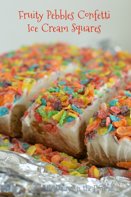 These Ice Cream Squares begin with a scrumptious cookie crust, piled high with ice cream, and topped off with irresistible Fruity Pebbles!  Little Dairy on the Prairie