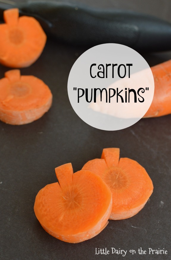 an image of a carrot, and carrot slices that are shaped like pumpkins on a black background. With text overlay.