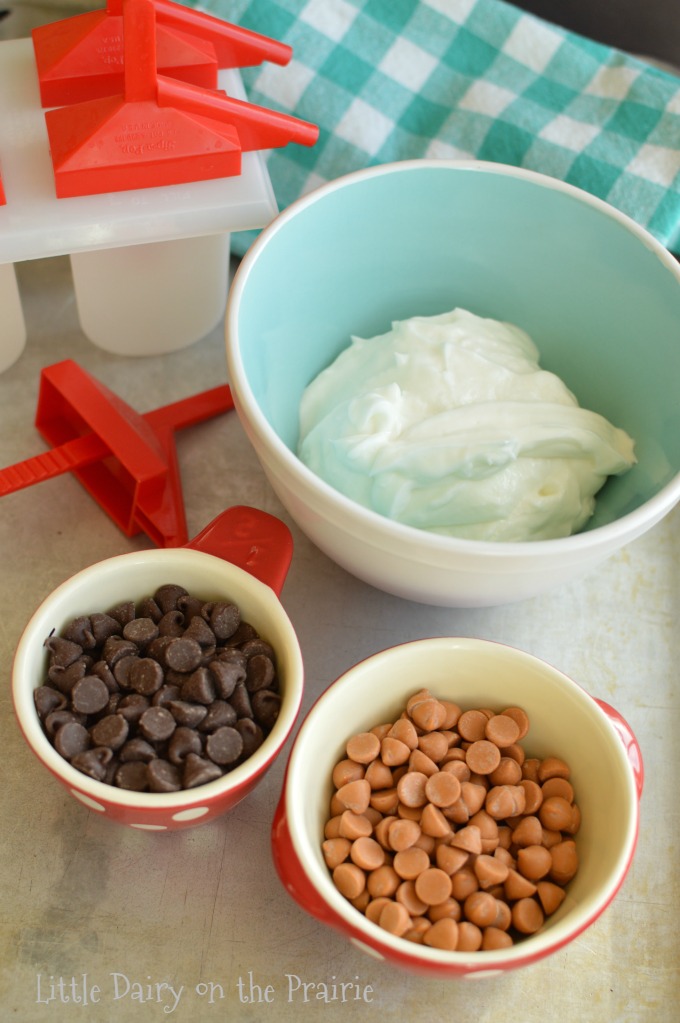 bowls with peanut butter chips, chocolate chips, and greek yogurt, plus popsicle molds.