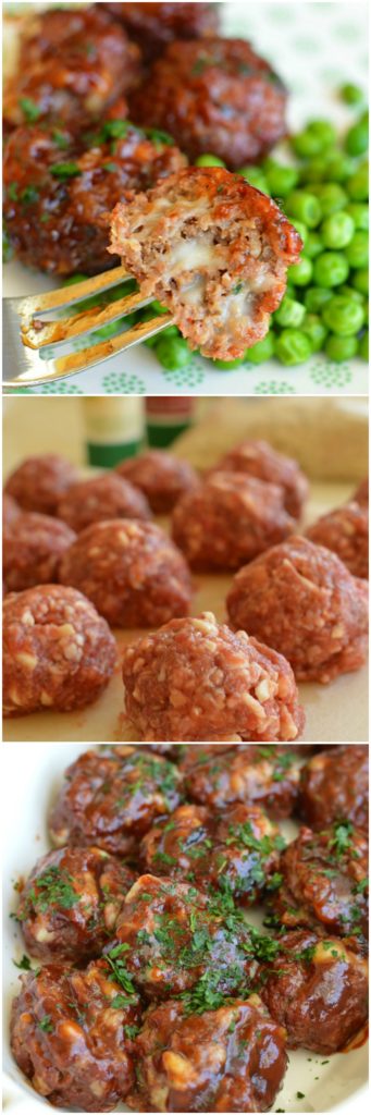 Barbecue Mozzarella Meatballs are a loaded with cheesy goodness and basted in scrumptious barbecue sauce. I make them ahead and bake them right before dinner!