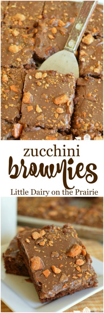 This is the best classic zucchini brownie, slathered in a creamy chocolate icing, and topped off with butterfingers! The best way to eat zucchini!