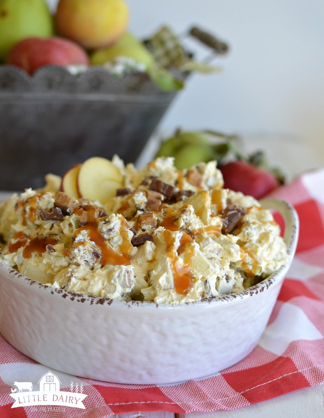 Caramel apple salad in a white serving bowl