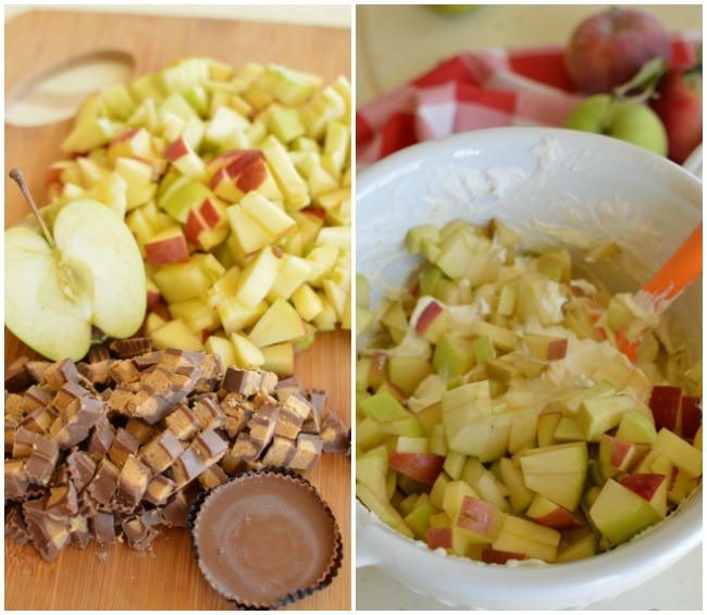 chopped apples and candy bars for making salad