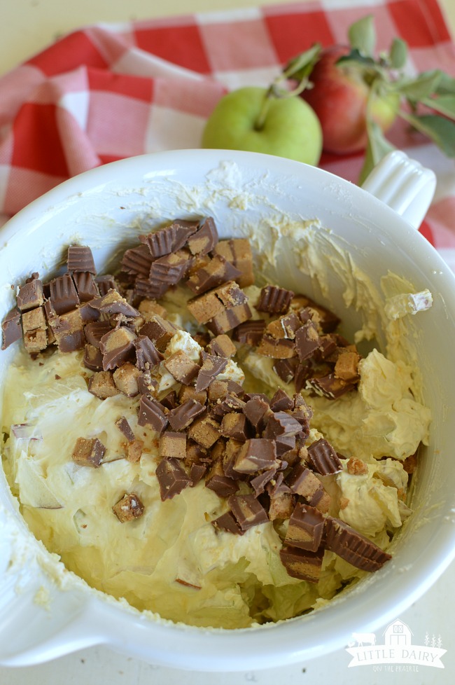 showing how to make apple salad  with Reeses candy chopped up