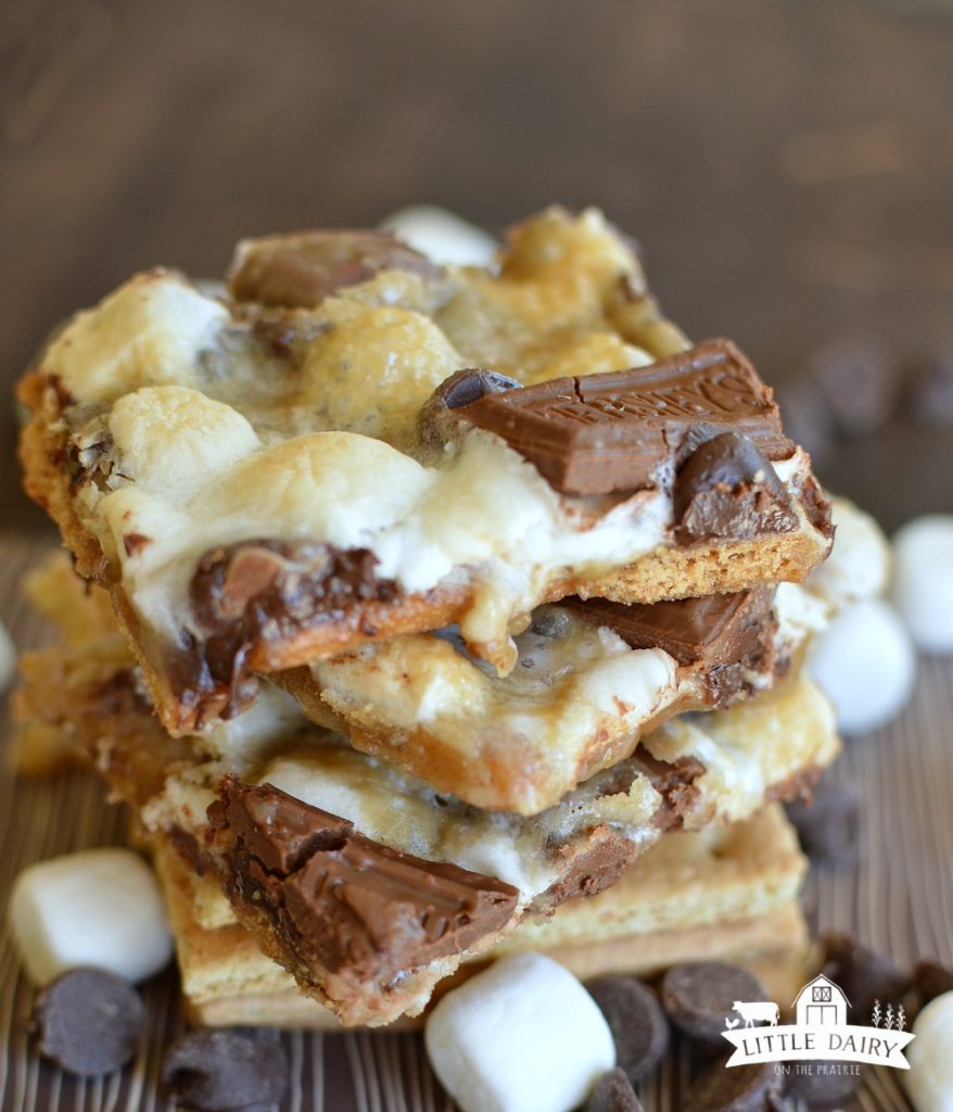 squares of graham cracker toffee with marshmallows and chocolate