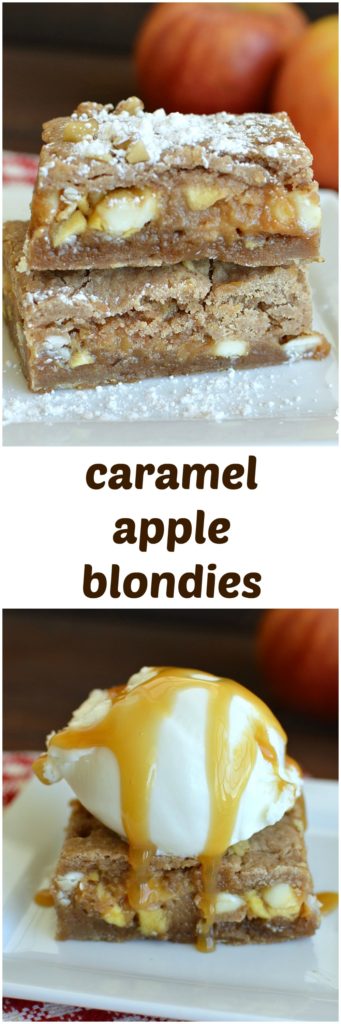 Caramel Apple Blondies - Caramel apples sandwiched between two layers of warm spiced blondies. Serve warm with vanilla ice cream for a perfect fall dessert!