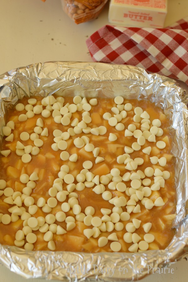 A pan of blondies with white chocolate chips.