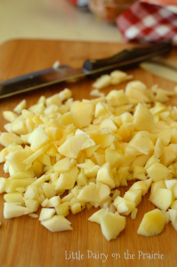 Cored, peeled, and chopped apples.