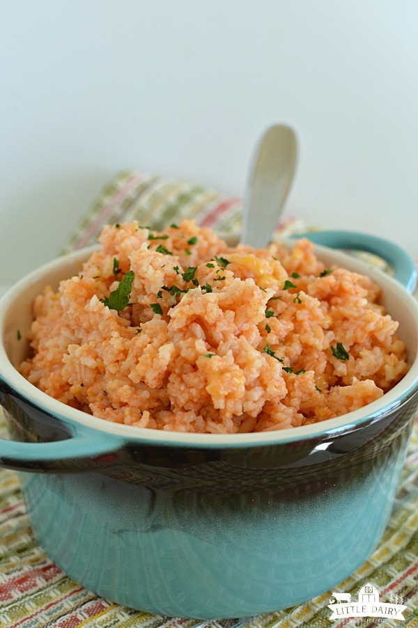 Cheesy Spanish Rice is takes less than ten minutes to make and is so yummy!