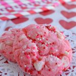 thick pink cookies sprinkled with Valentines sprinkles