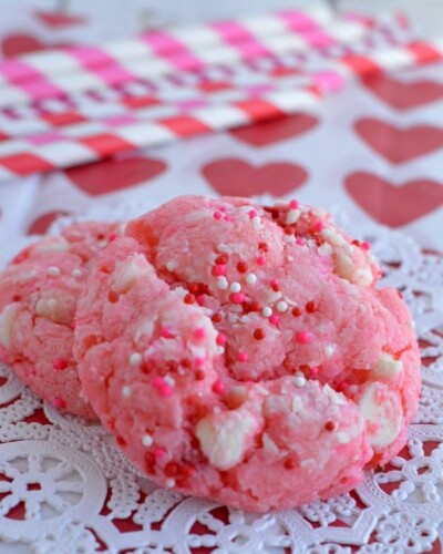 thick pink cookies sprinkled with Valentines sprinkles