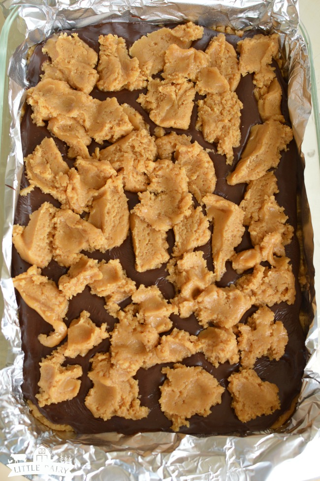 Cookie dough chunks over a fudge layer