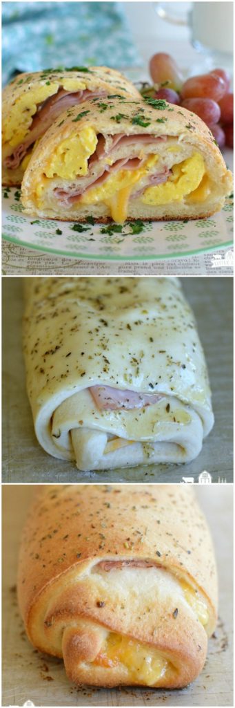 Ham, Egg, and Cheese Breakfast Rolls is an easy recipe for crazy mornings! Roll everything up in pizza dough and bake! Kids love this!