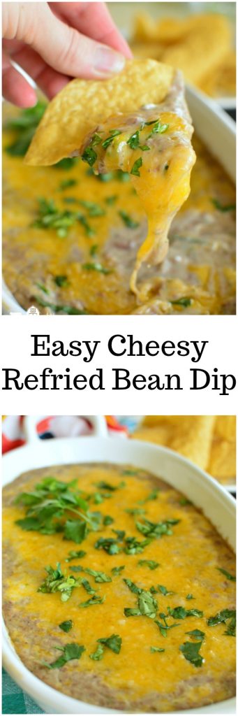 Easy Ccheesy Refried Bean Dip is a warm bean dip that only takes 4 ingredients! It's addictiong though! #cincodemayo #tailgating pitchforkfoodie.com
