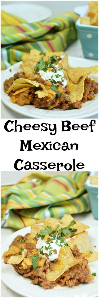 Cheesy Beef Mexican Casserole is made with ground beef, tortilla chips (Doritos), and a few other pantry ingerdients. It's a simple and quick weeknight meal.