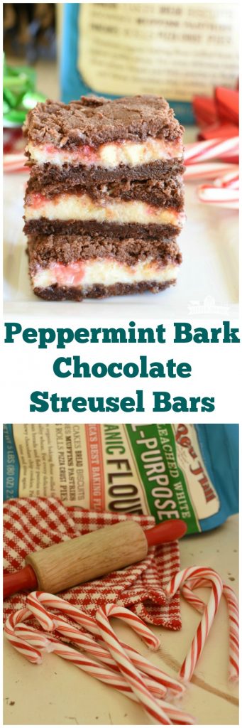 #AD Peppermint Bark Chocolate Streusel Bars have a minty cream cheese middle and chocolate top and bottom! They are perfect for gift giving during the holidays! #Bob's Red Mill