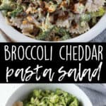 Images of broccoli salad with bacon and pasta and cheddar cheese.