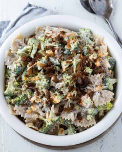 Broccoli salad with pasta, bacon, and cheddar cheese.