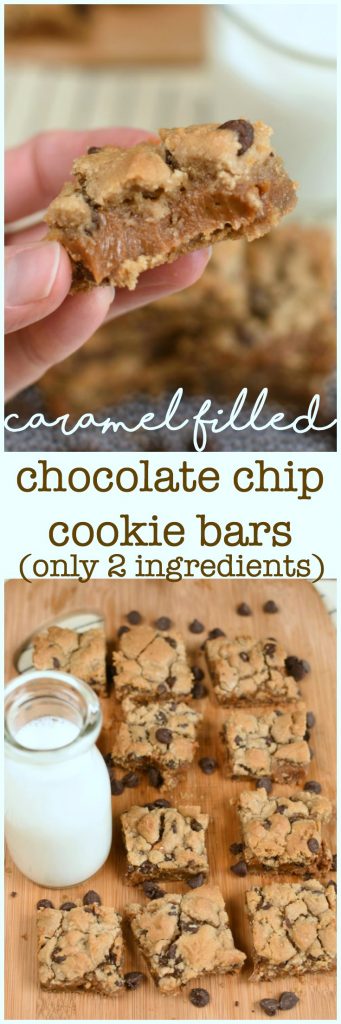 Caramel Filled Chocolate Chip Cookie Bars with only take two simple ingredients and they are out of this world delicious! #easyd