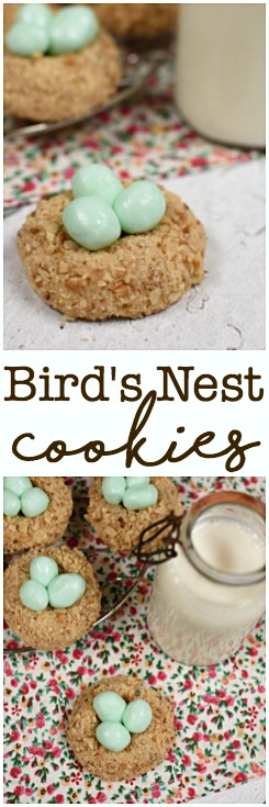Bird's Nest Cookies begin with a simple thumbprint cookie and have homemade candy eggs nestled inside! Easter!