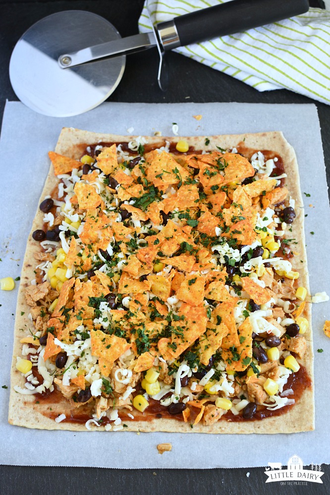 Chicken Taco Pizza - cheesy tortilla chips