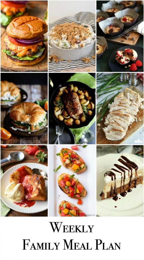 Weekly Family Meal Plan includes breakfast, dinner, side dish, appetizer, and dessert! #menu #mealplanning #mealprep #menu #dinner #breakfast #dessert #appetizer #sidedish 